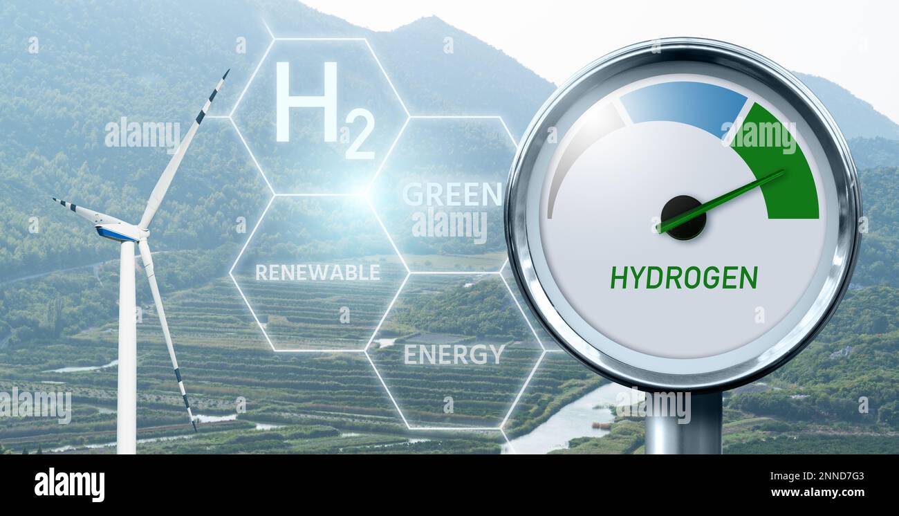 Hydrogen gauge with tree colors - gray, blue and green. Green hydrogen production concept Stock Photo