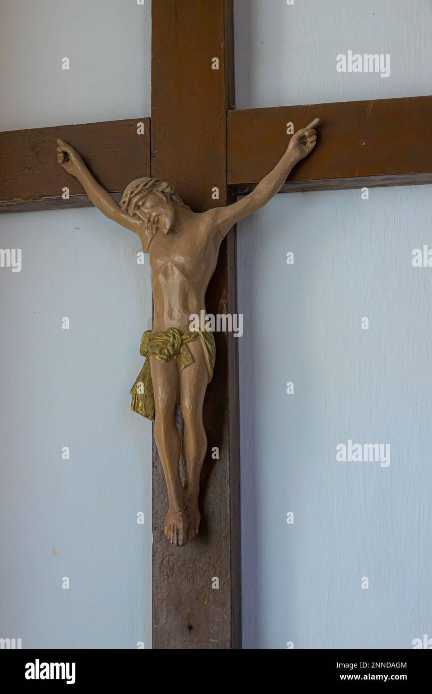 Jesus christ on the cross with Wall background in catholic church Stock ...