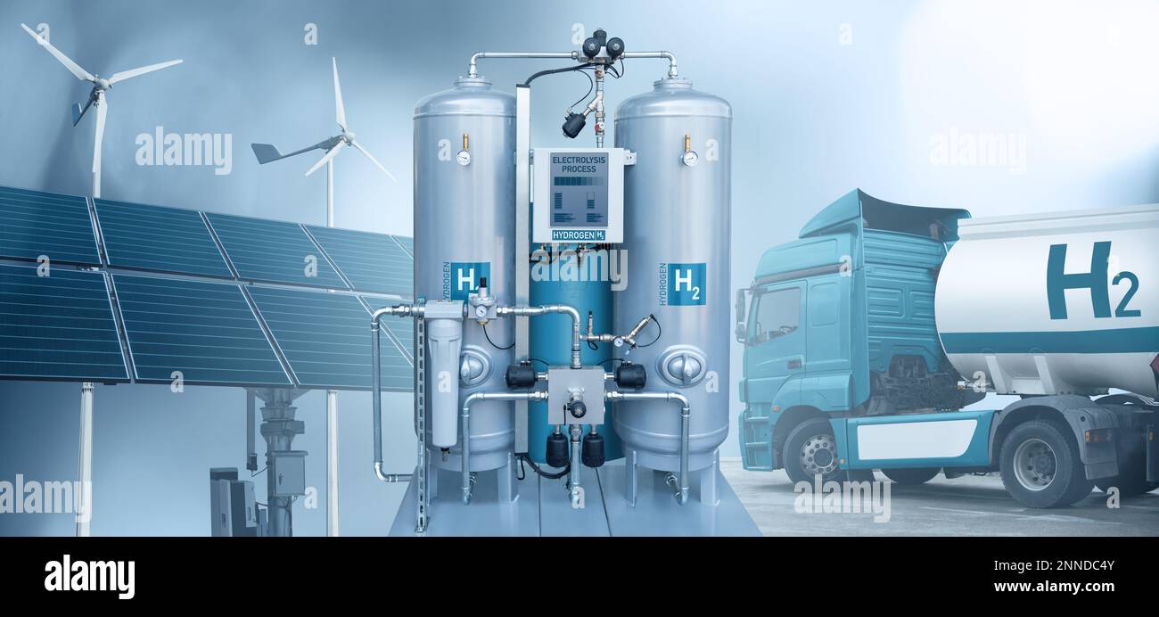 Hydrogen production from renewable energy sources by electrolysis and transportation by trucks. Green hydrogen concept Stock Photo