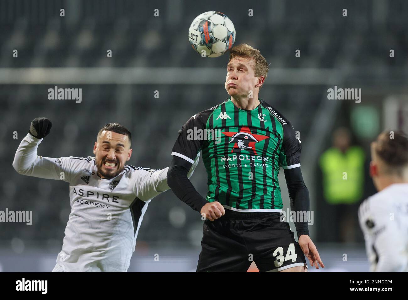 Eupen's Jason Davidson and Cercle's Thibo Somers fight for the ball during a soccer match between KAS Eupen and Cercle Brugge, Saturday 25 February 2023 in Eupen, on day 27 of the 2022-2023 'Jupiler Pro League' first division of the Belgian championship. BELGA PHOTO BRUNO FAHY Stock Photo