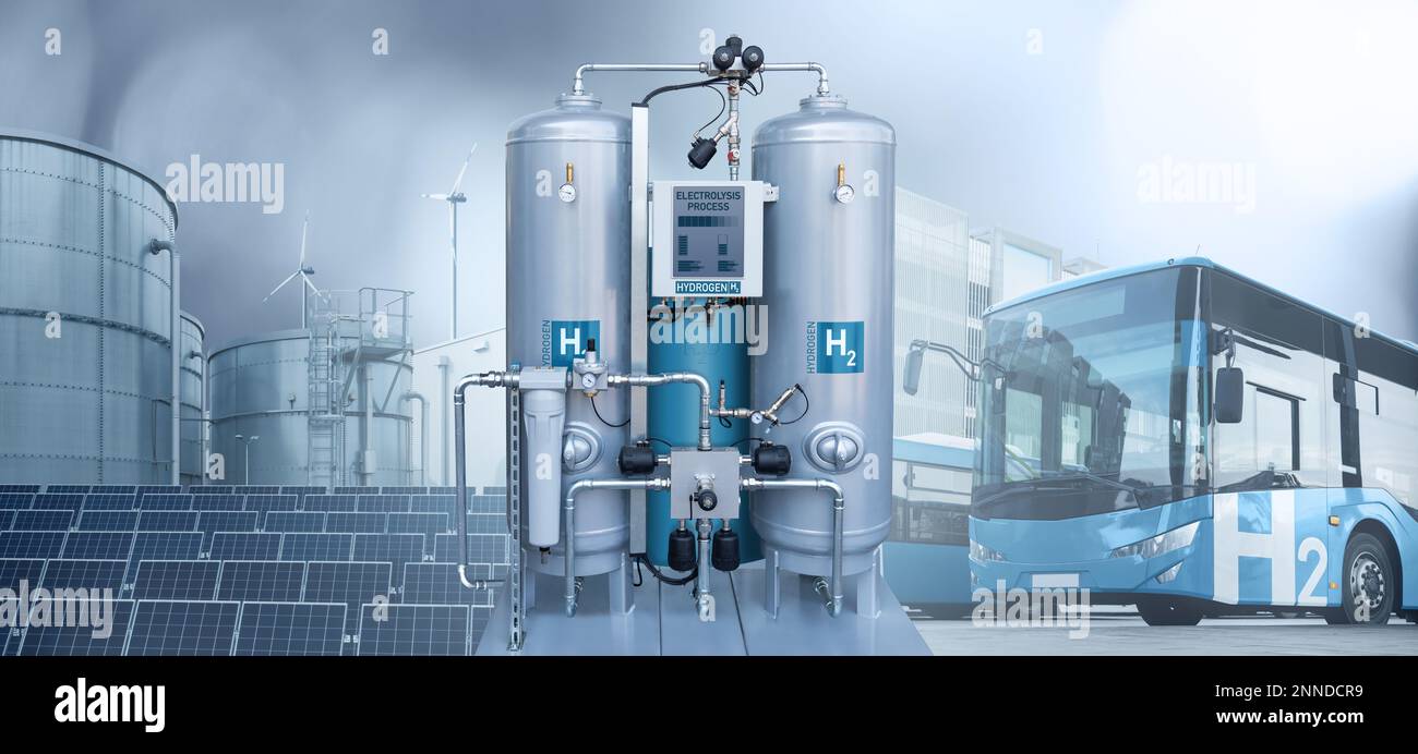 Hydrogen production from renewable energy sources by electrolysis and use in transportation. Green hydrogen concept Stock Photo