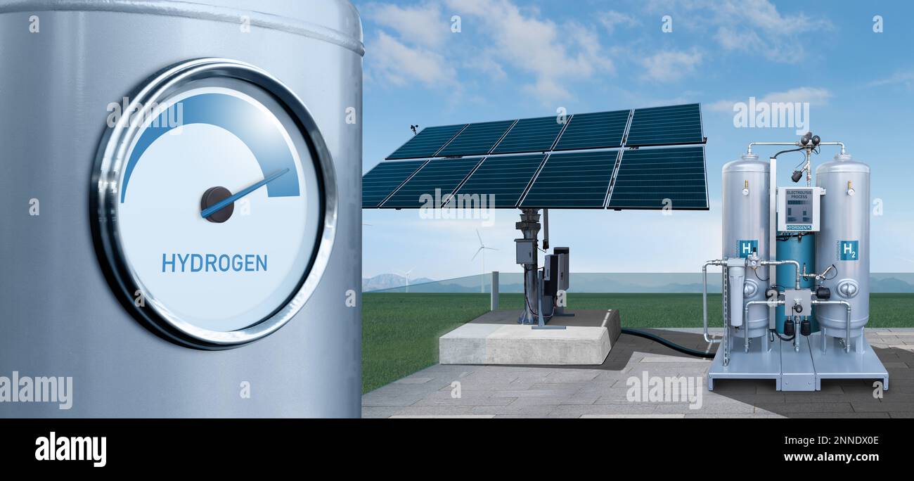Hydrogen gauge on a background of H2 factory using renewable energy. Green hydrogen production concept Stock Photo