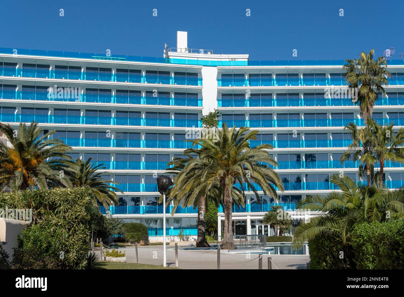 Sa Coma, Spain; february 17 2023: Main facade of the hotel THB Sa Coma Platja, a sunny morning. Island of Mallorca, Spain Stock Photo