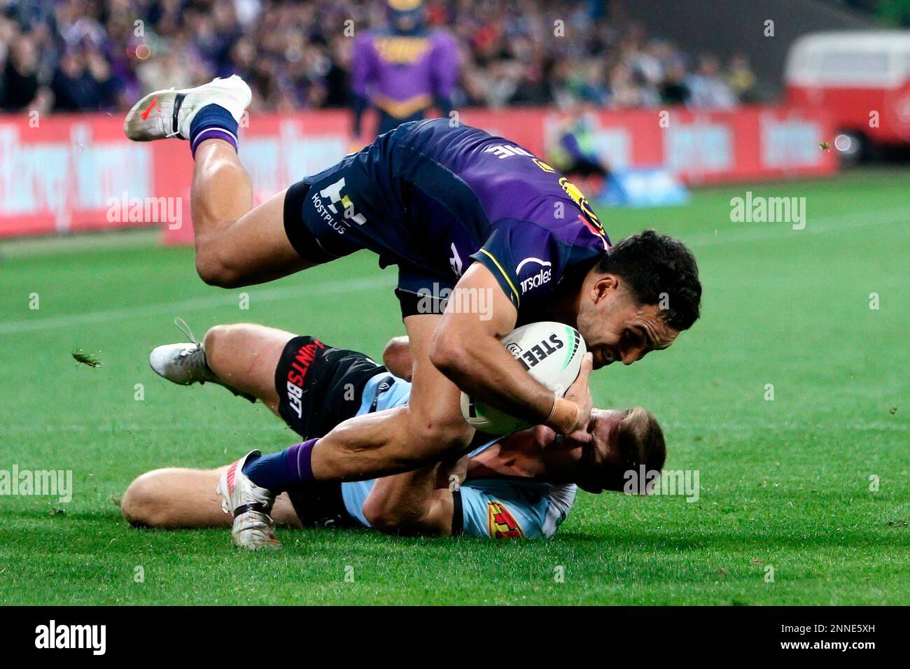 Reimis Smith of the Storm scores a try during the NRL Round 12 match  between the Redcliffe Dolphins and the Melbourne Storm at Suncorp Stadium  in Brisbane, Saturday, May 20, 2023. (AAP