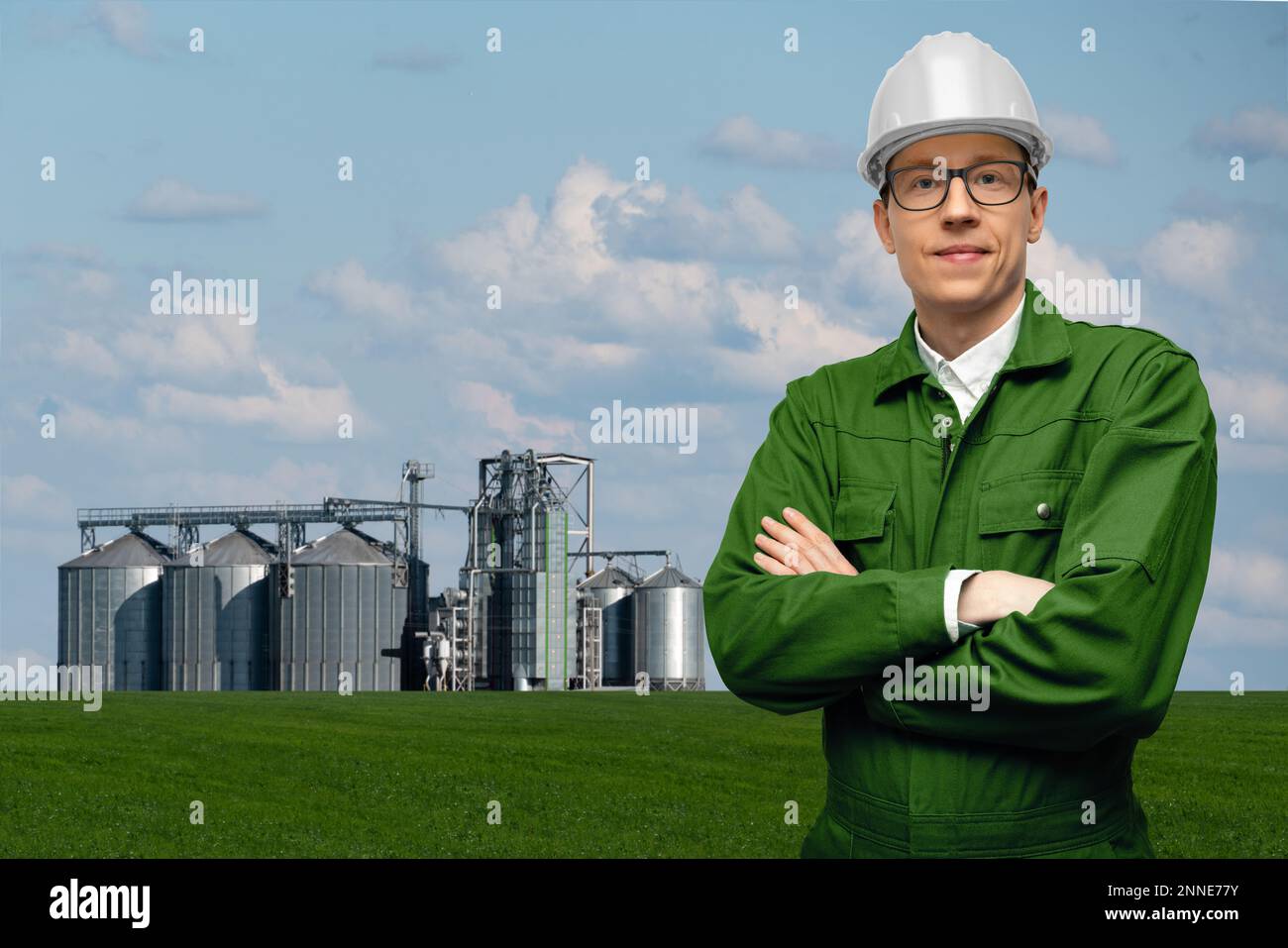 Engineer a background of agricultural silos for biofuel production Stock Photo