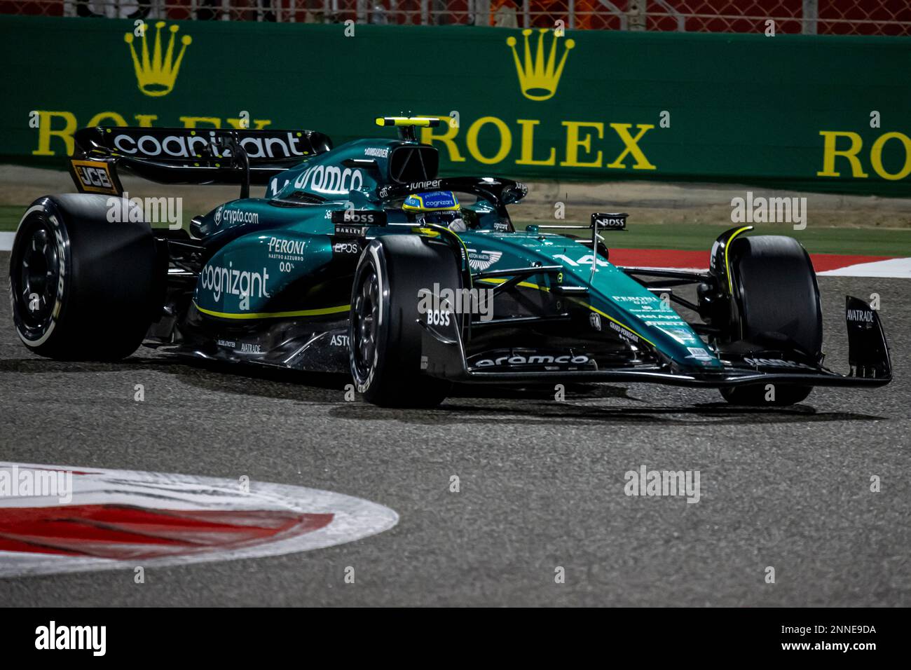 Sakhir, Bahrain, 25th Feb 2023, Fernando Alonso, from Spain competes for Aston Martin F1 . Winter Testing, the winter testing of the 2023 Formula 1 championship. Credit: Michael Potts/Alamy Live News Stock Photo