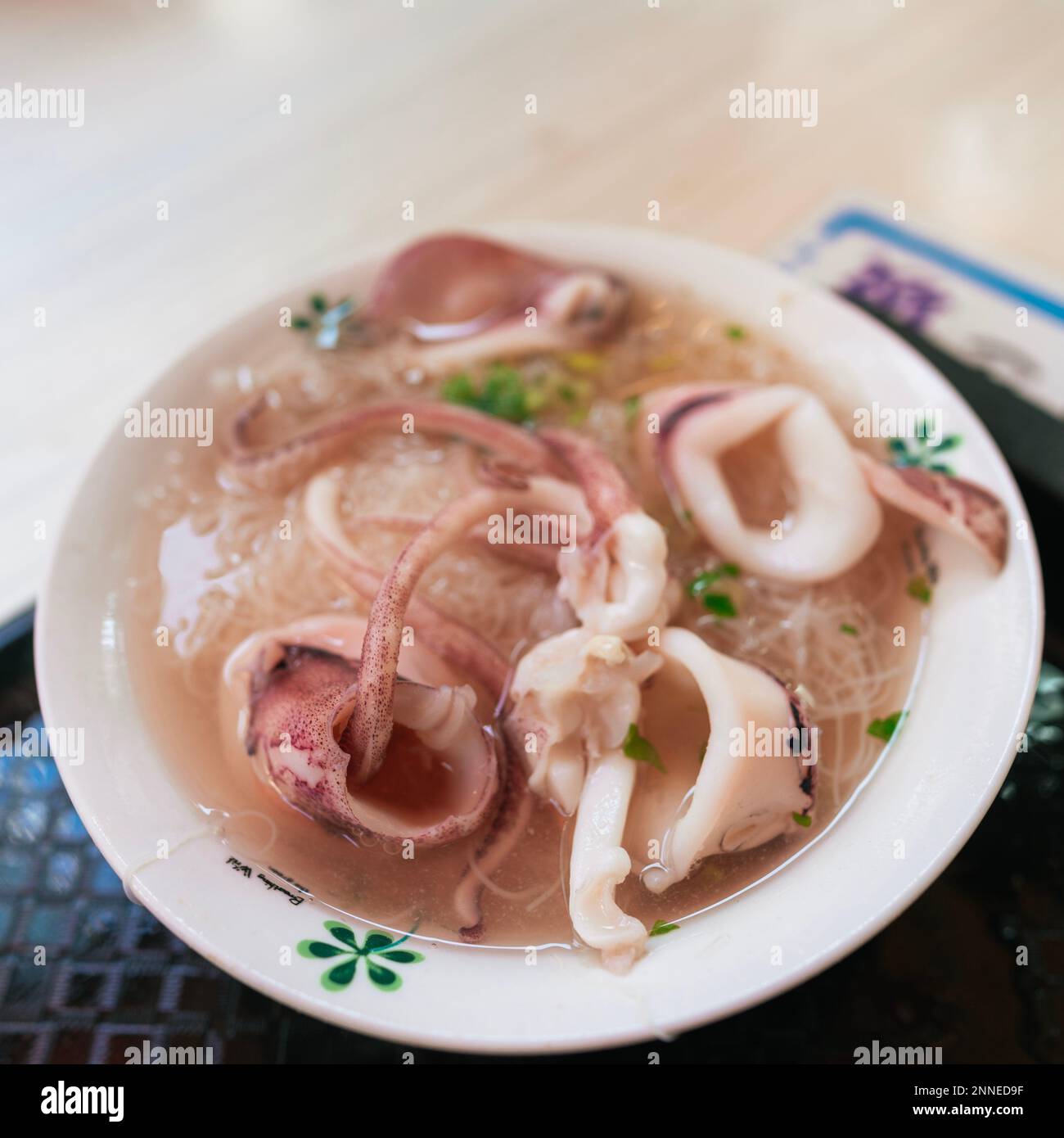 Rice noodle soup with squid. Local street food in Taiwan especially in Tainan. Stock Photo