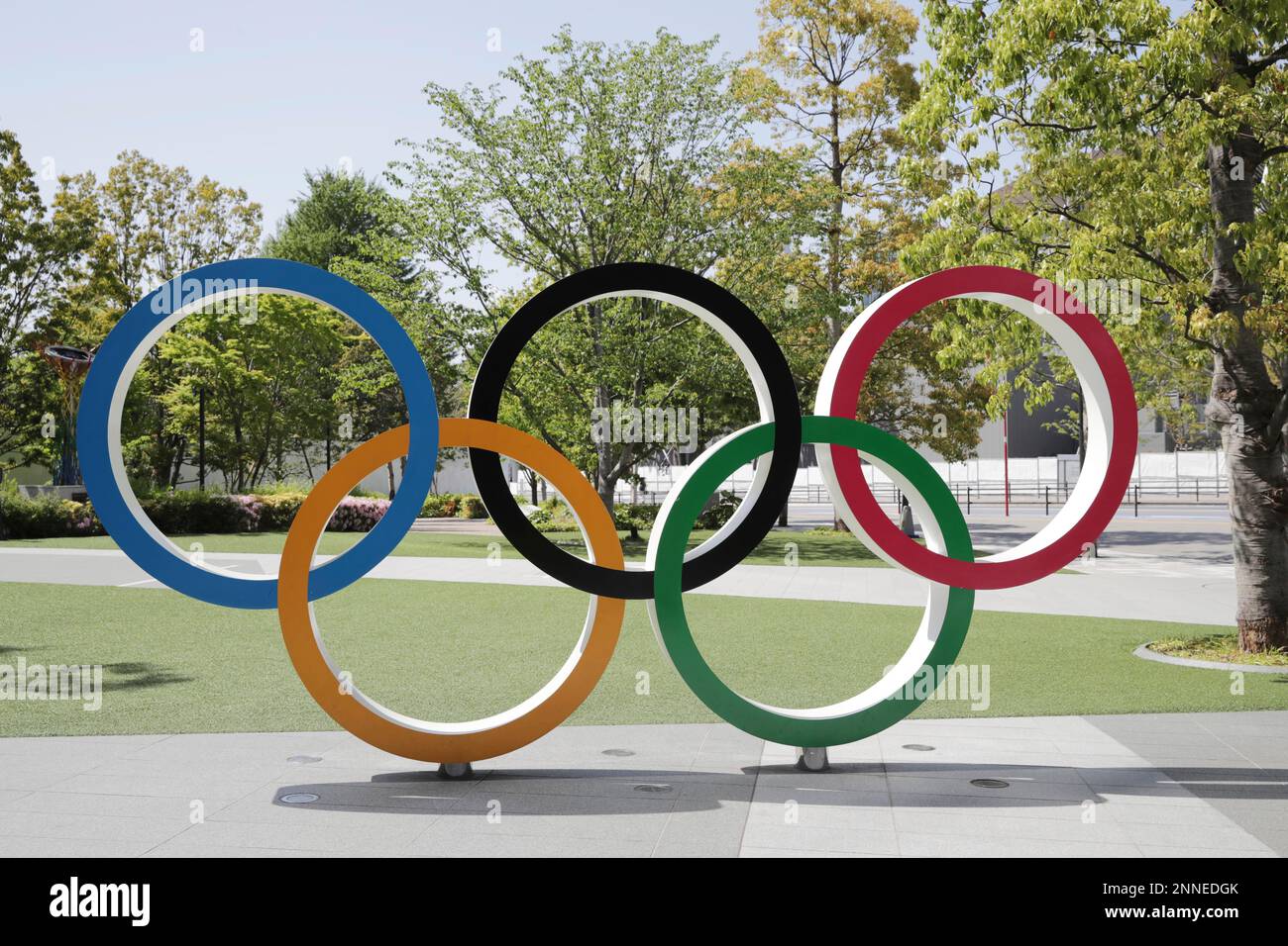 Five ring Olympic Symbol in front of Japan Olympic Museum is pictured ...