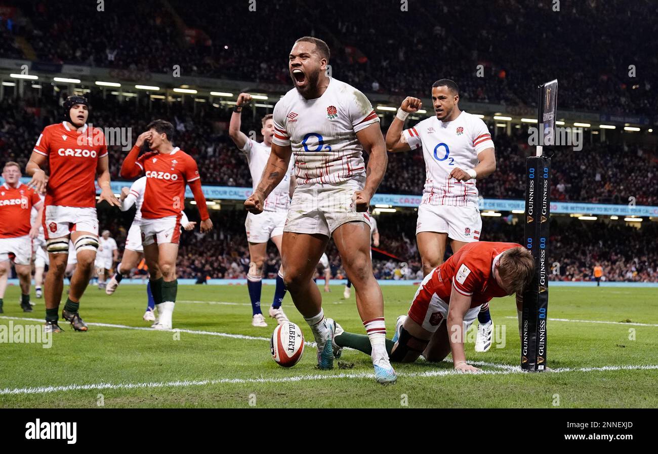 Englands Ollie Lawrence celebrates scoring their final try during the Guinness Six Nations match at the Principality Stadium, Cardiff