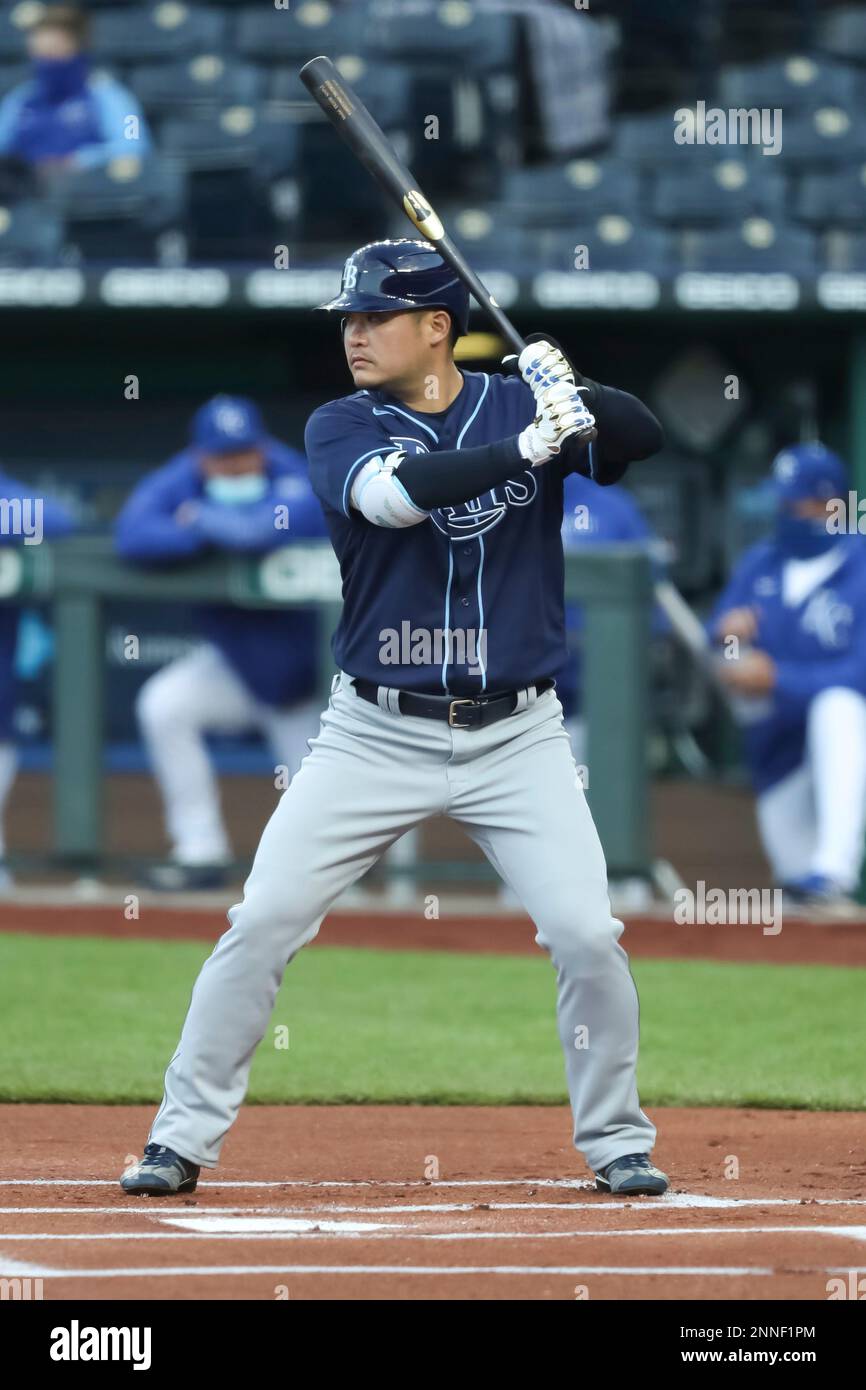 KANSAS CITY, MO - APRIL 21: Tampa Bay Rays left fielder Yoshi Tsutsugo (25)  bats in the first inning of an MLB game between the Tampa Bay Rays and  Kansas City Royals