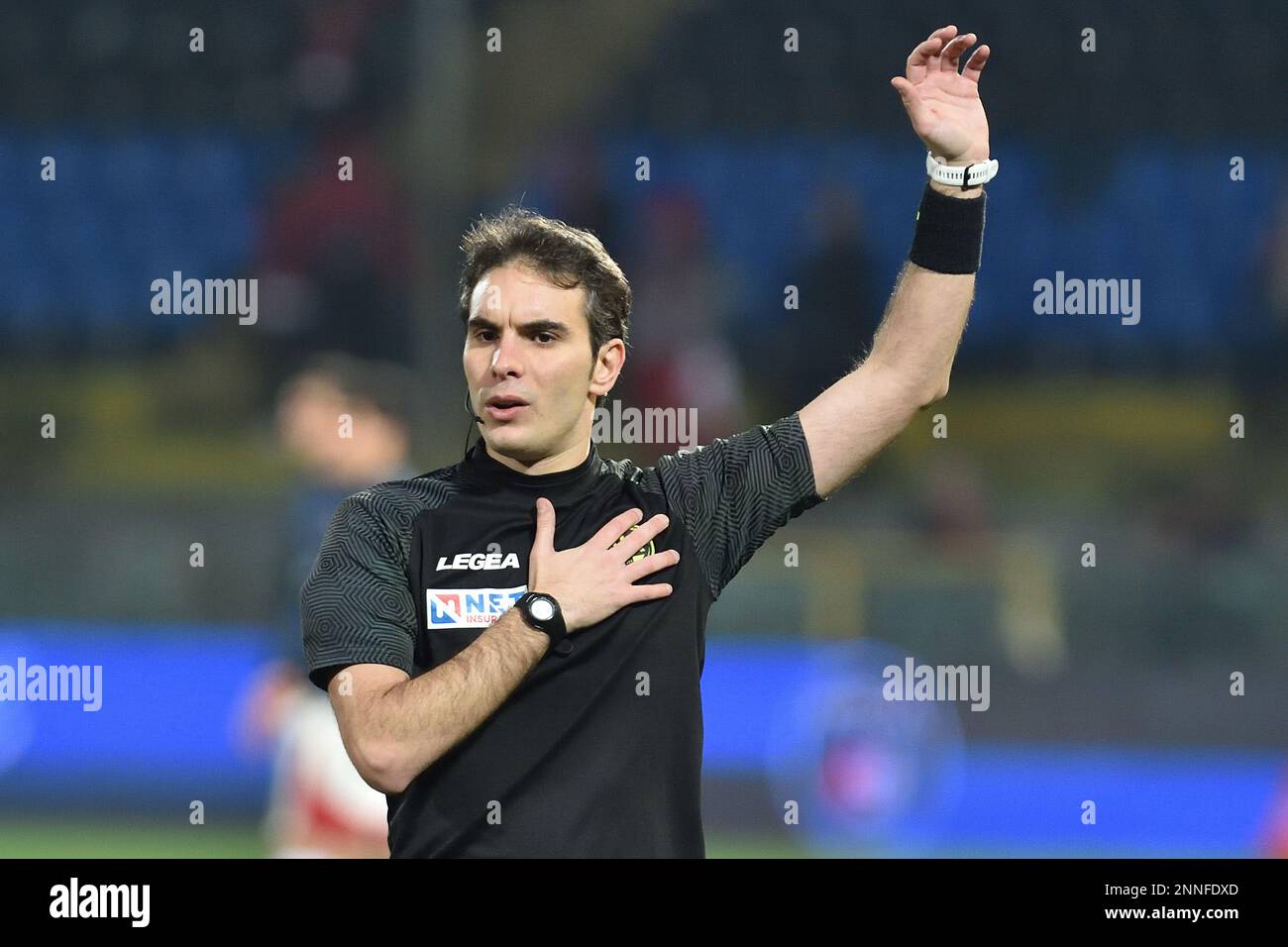 Pisa, Italy. 24th Feb, 2023. The referee Alberto Santoro during warmup during AC Pisa vs AC