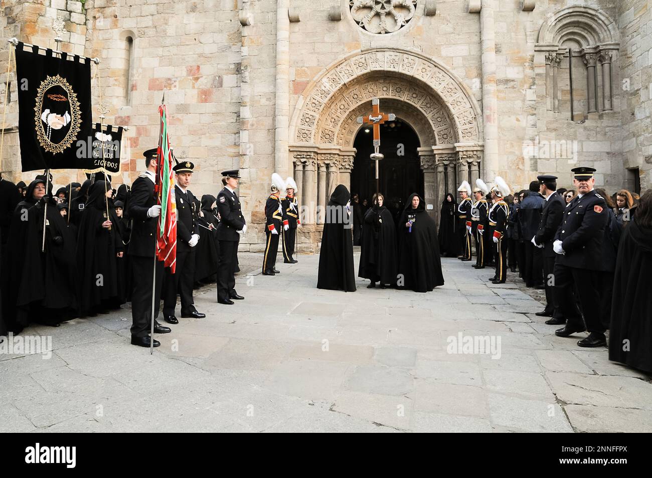 Holy Week in Zamora, Spain, procession of the Ladies of the Virgen de la Soledad leaving the church of Saint John. Stock Photo