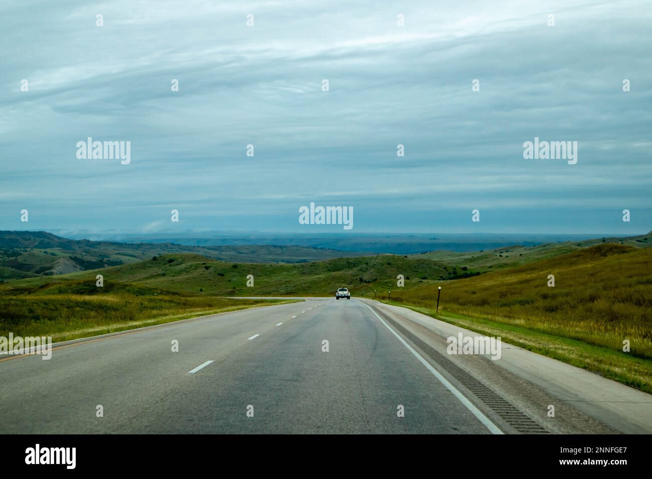 Eastern South Dakota, one car on Interstate Highway 90 in August Stock