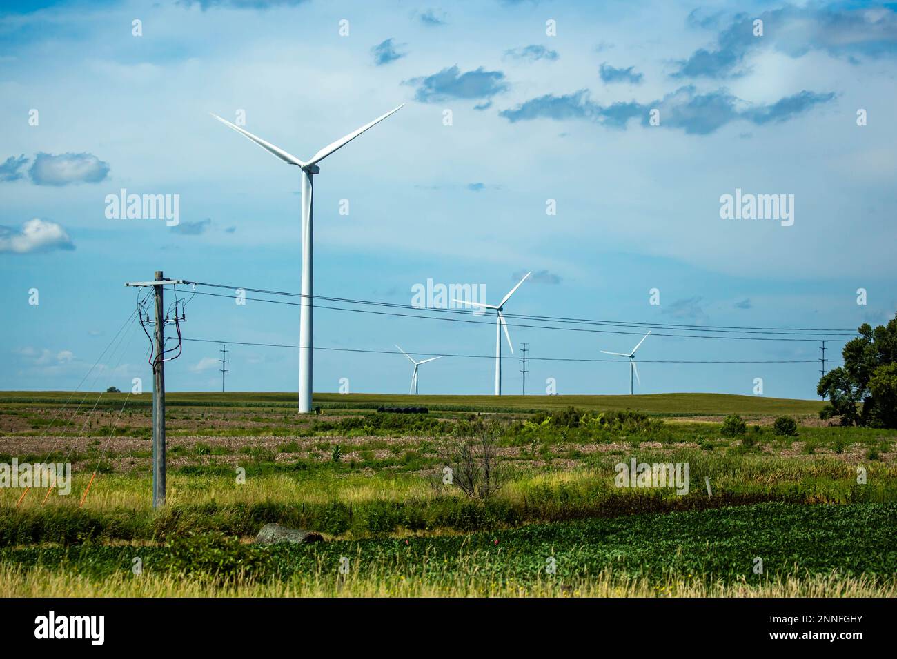 Telephone poles and wind turbines generating power in the midwest united states, horizontal Stock Photo