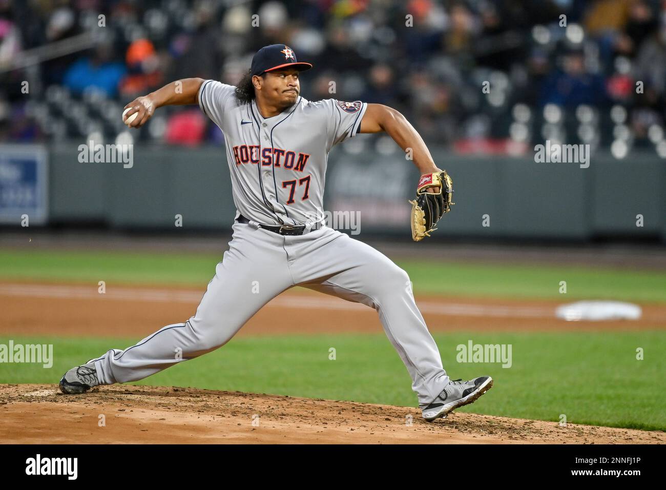 DENVER, CO - APRIL 20: Houston Astros starting pitcher Luis Garcia (77)  pitches during a game between the Colorado Rockies and the Houston Astros  at Coors Field in Denver, Colorado on April