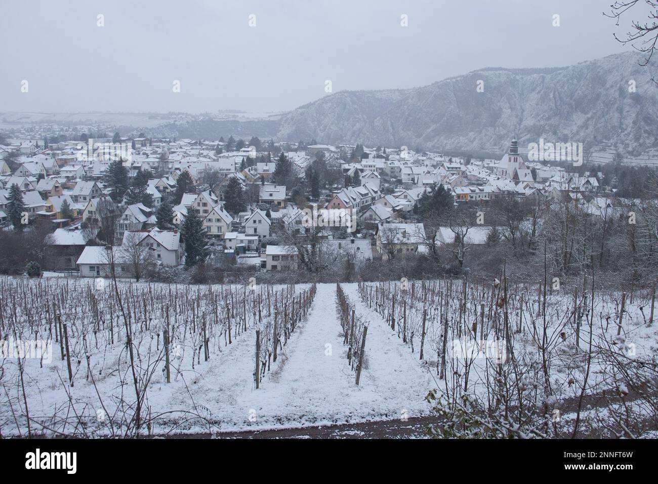 Bad Munster am Stein-Ebernburg, Germany - Febryary 8, 2021: Overlooking vineyard, Bad Munster and Rotenfels covered in snow on a cold, grey, foggy win Stock Photo