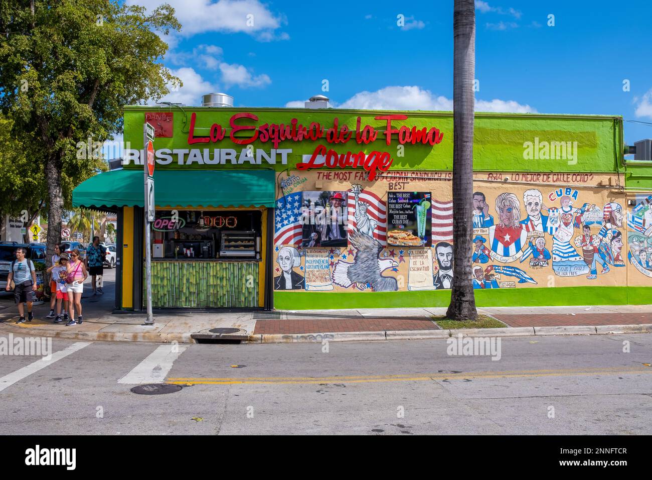 Cuban restaurant and a mural with famous latin artists in Little Havana, Miami Stock Photo