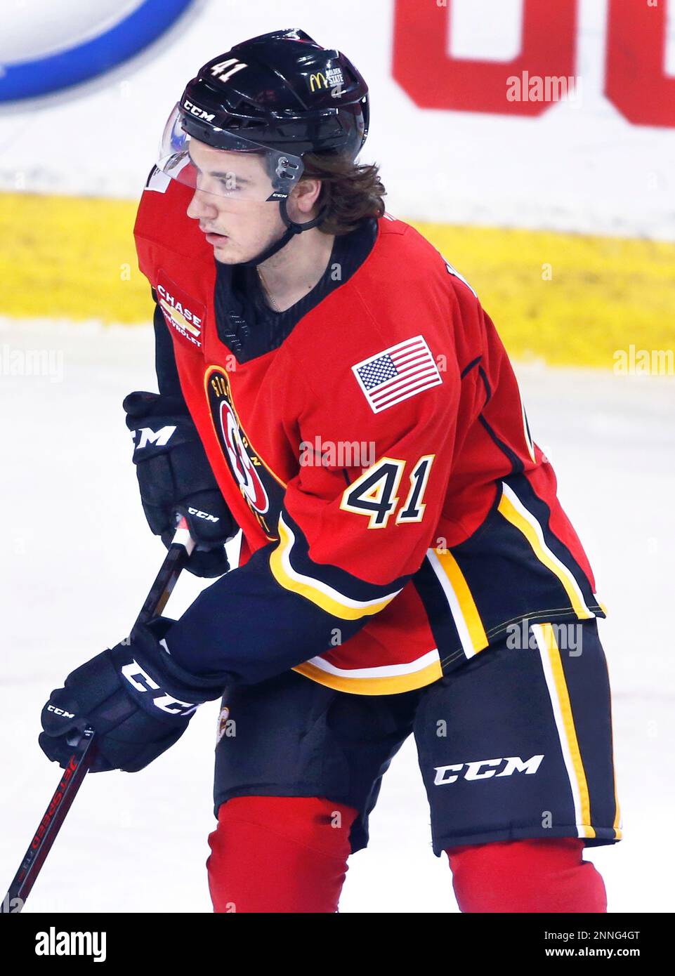 AHL (American Hockey League) profile photo on Stockton Heat player Rory Kerins during a game against the Belleville Senators in Calgary, Ab