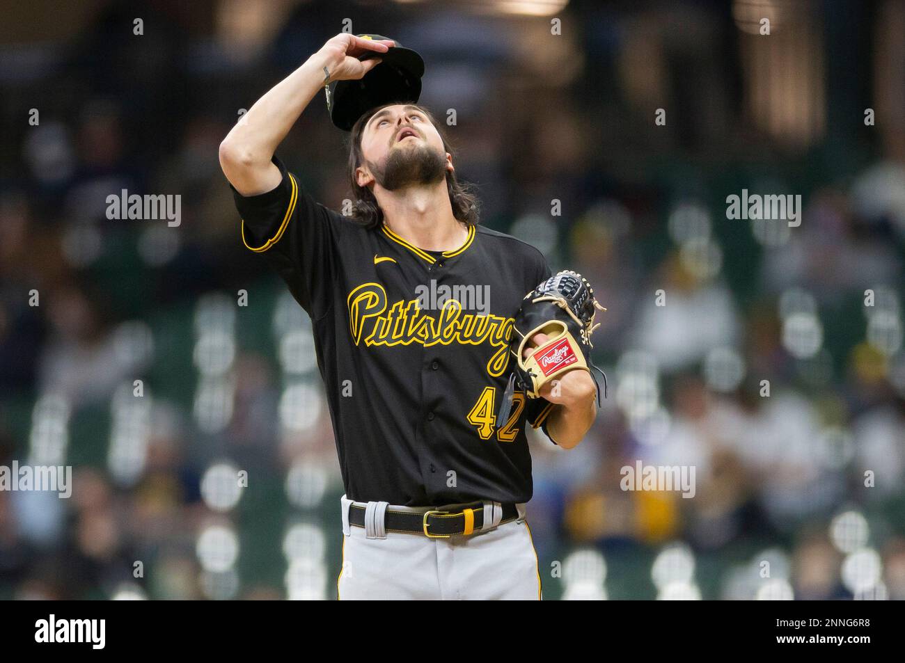April 16, 2021: Pittsburgh Pirates starting pitcher JT Brubaker #42 reacts  after getting out of the 5th inning in the Major League Baseball game  between the Milwaukee Brewers and the Pittsburgh Pirates