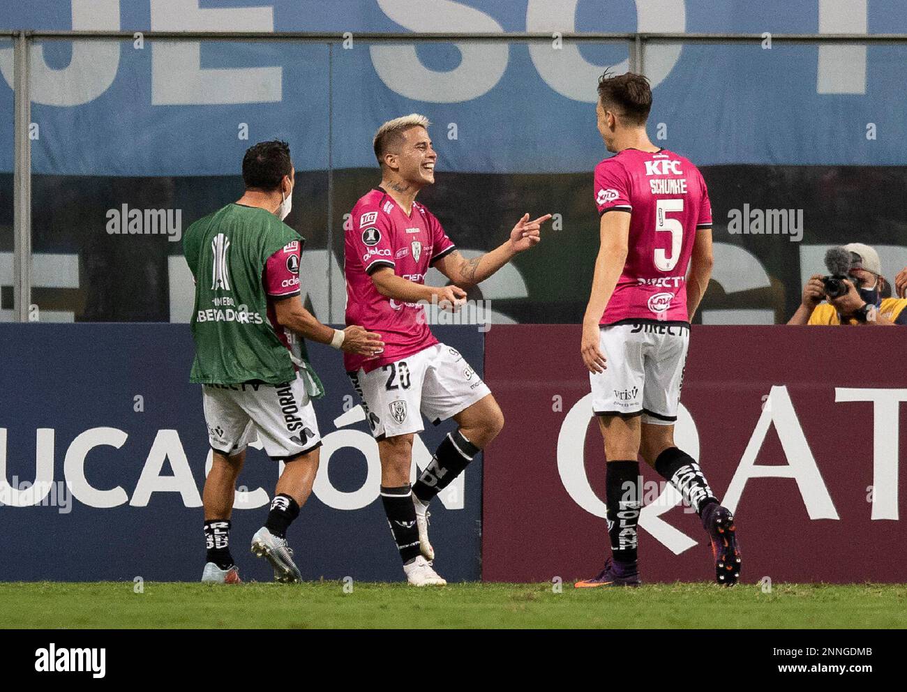 Cristian Ortiz of Ecuador's Independiente del Valle, center, celebrates  scoring his side's opening goal against Brazil's Gremio during a Copa  Libertadores soccer match at the Arena do Gremio in Porto Alegre, Brazil,