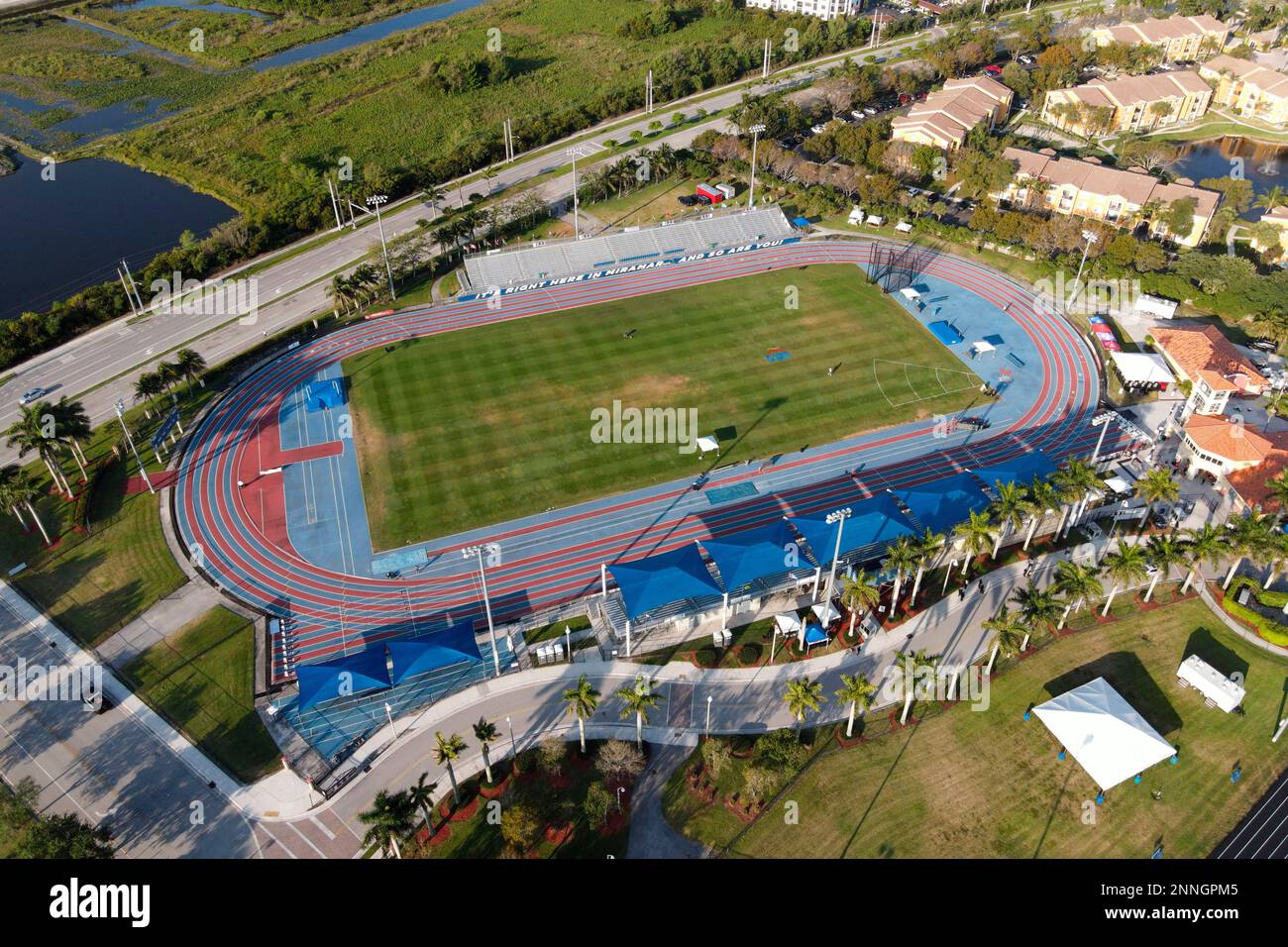 An aerial view of the track and field stadium at the Ansin Sports