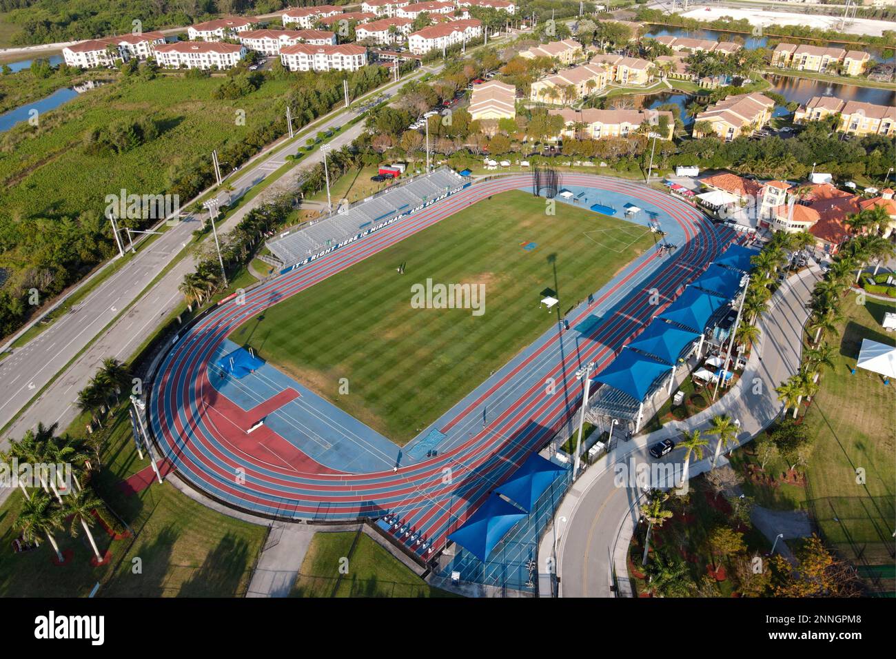 An aerial view of the track and field stadium at the Ansin Sports
