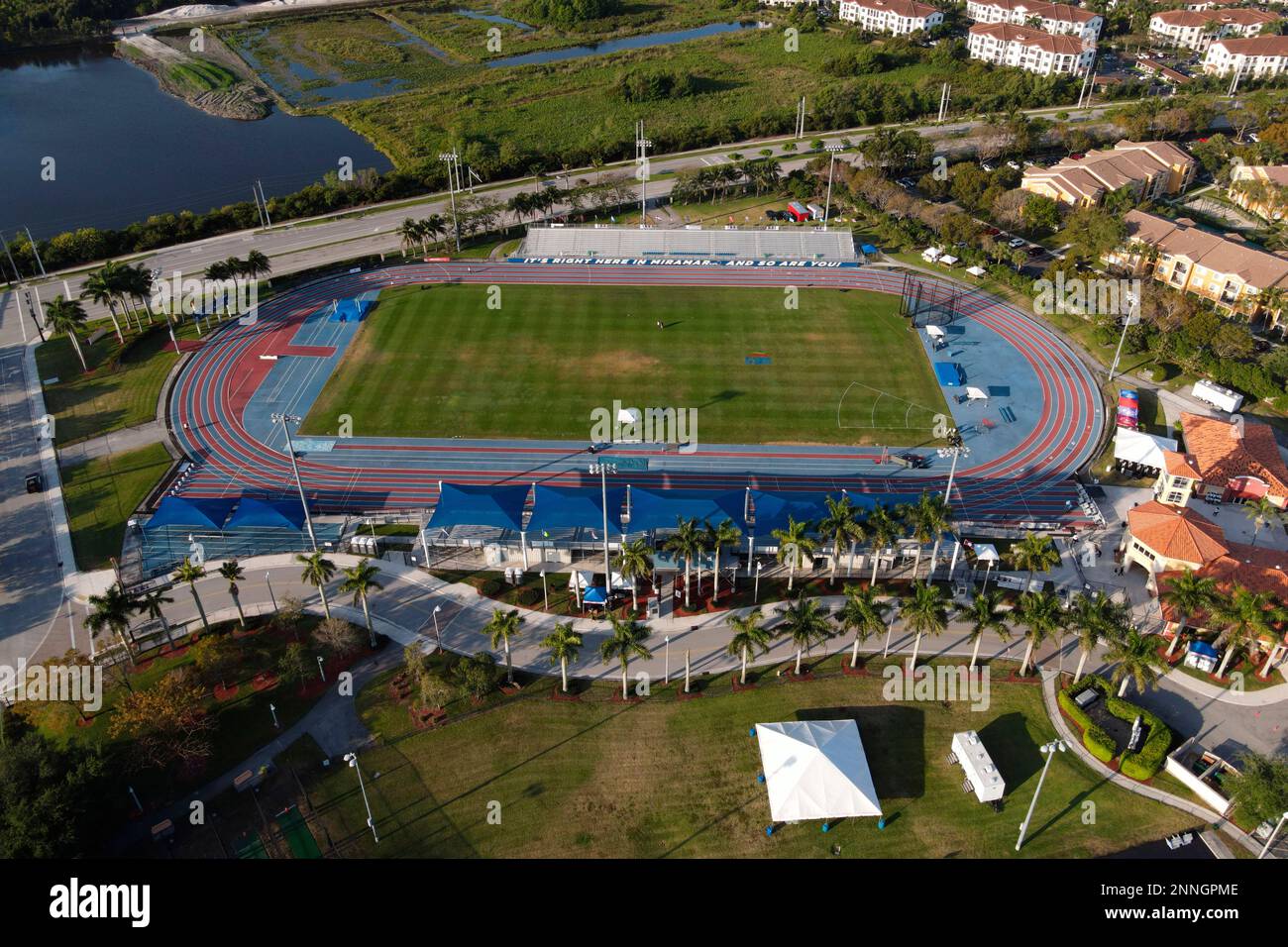 An aerial view of the track and field stadium at the Ansin Sports