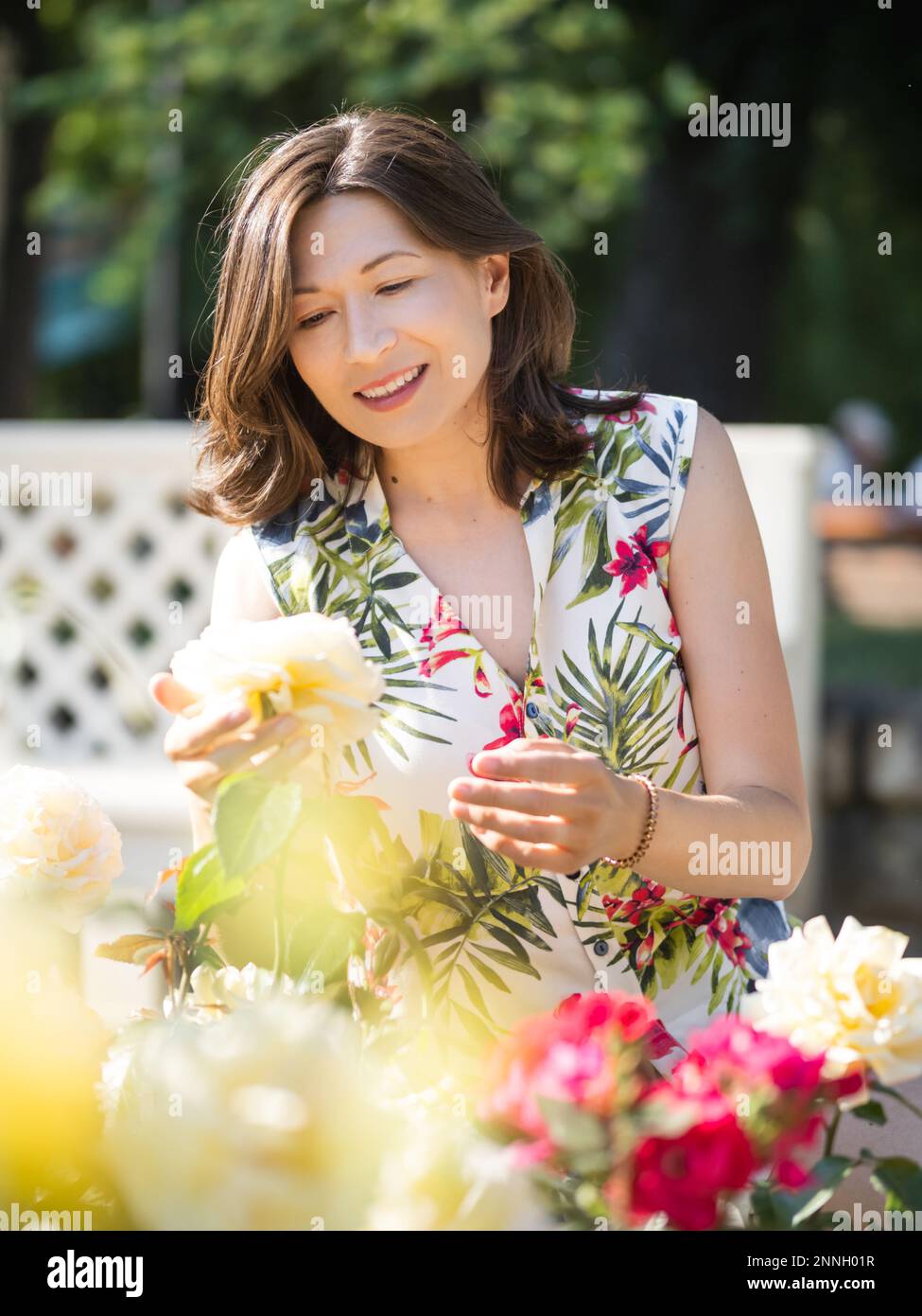 Woman is admiring of blooming roses in public park. Summer vibes. Tropical plants and flowers in bloom in garden. Floriculture as hobby. Stock Photo