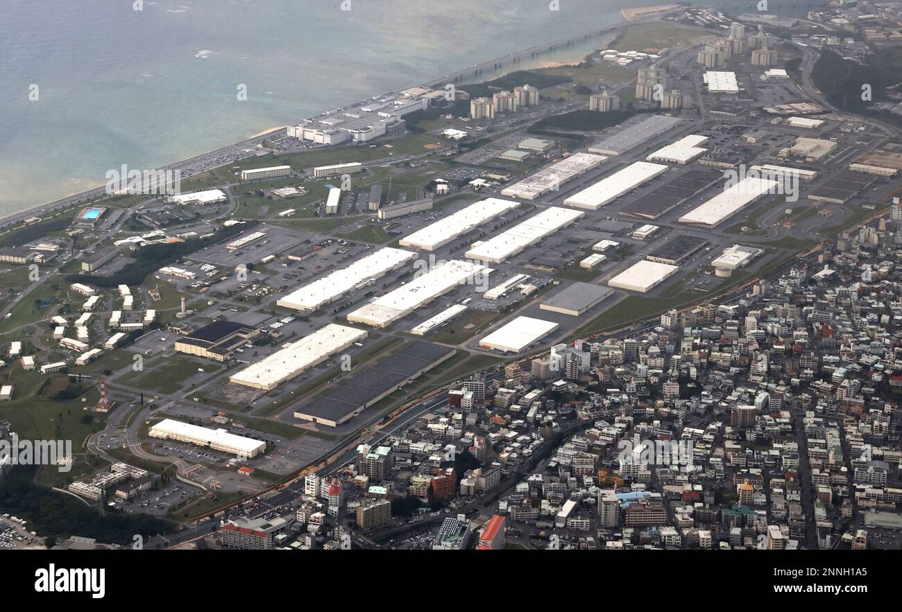 An aerial photo shows Makiminato Service Area (Camp Kinser) in Urasoe