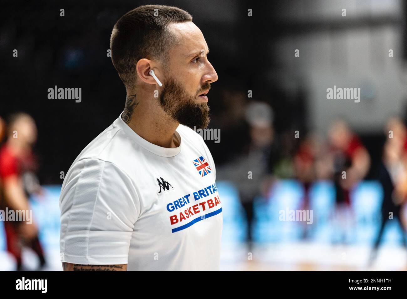 GB mens Basketball team lose to Belgium 59- 88 in a FIBA World Cup  qualifier at Newcastle Vertu Arena on 24 February, 2023. GB's Ben Mockford  during warm ups. copyright caroljmoir/Alamy Stock Photo - Alamy