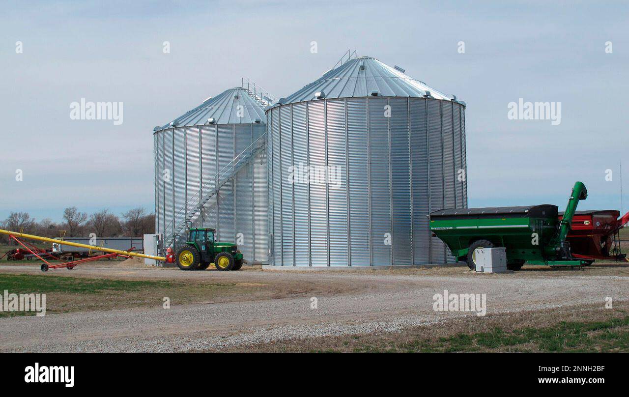 This April 2021 photo shows a grain bin east of Juniata, Neb. Several