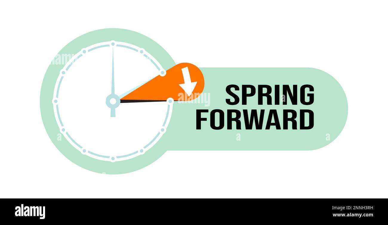 Spring Forward web banner. Daylight Saving Time schedule in graphic style. Clock change one hour