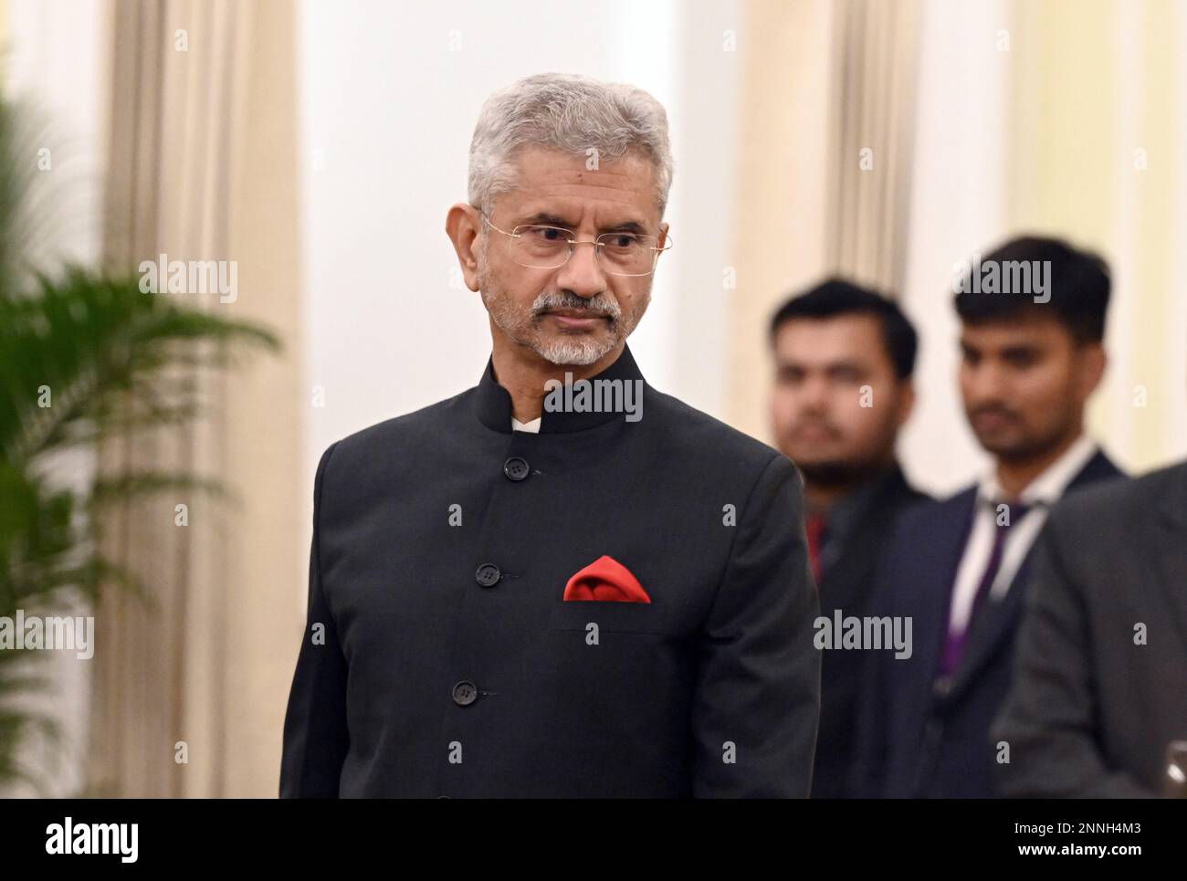 NEW DELHI, INDIA - FEBRUARY 25: Minister of External Affairs S.Jaishankar during the joint press statement at the Hyderabad House, on February 25, 2023 in New Delhi, India. Olaf Scholz arrived today in New Delhi for two-day visit, accompanied by senior officials and a high-powered business delegation. Olaf Scholz said that India has undertaken an enormous leap which is very good for the relations between the two countries. Scholz said that he and Prime Minister Narendra Modi were committed to making a free trade deal between India and the European Union finally happen. (Photo by Sanjeev Verma/ Stock Photo