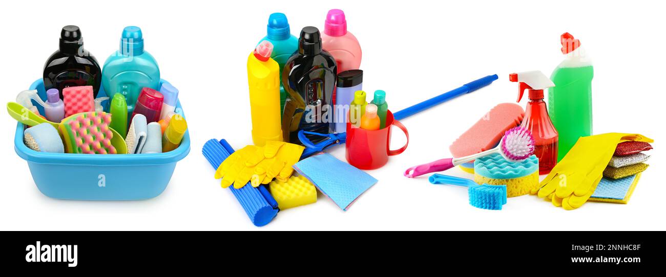 Collection of various household cleaning detergents isolated on white