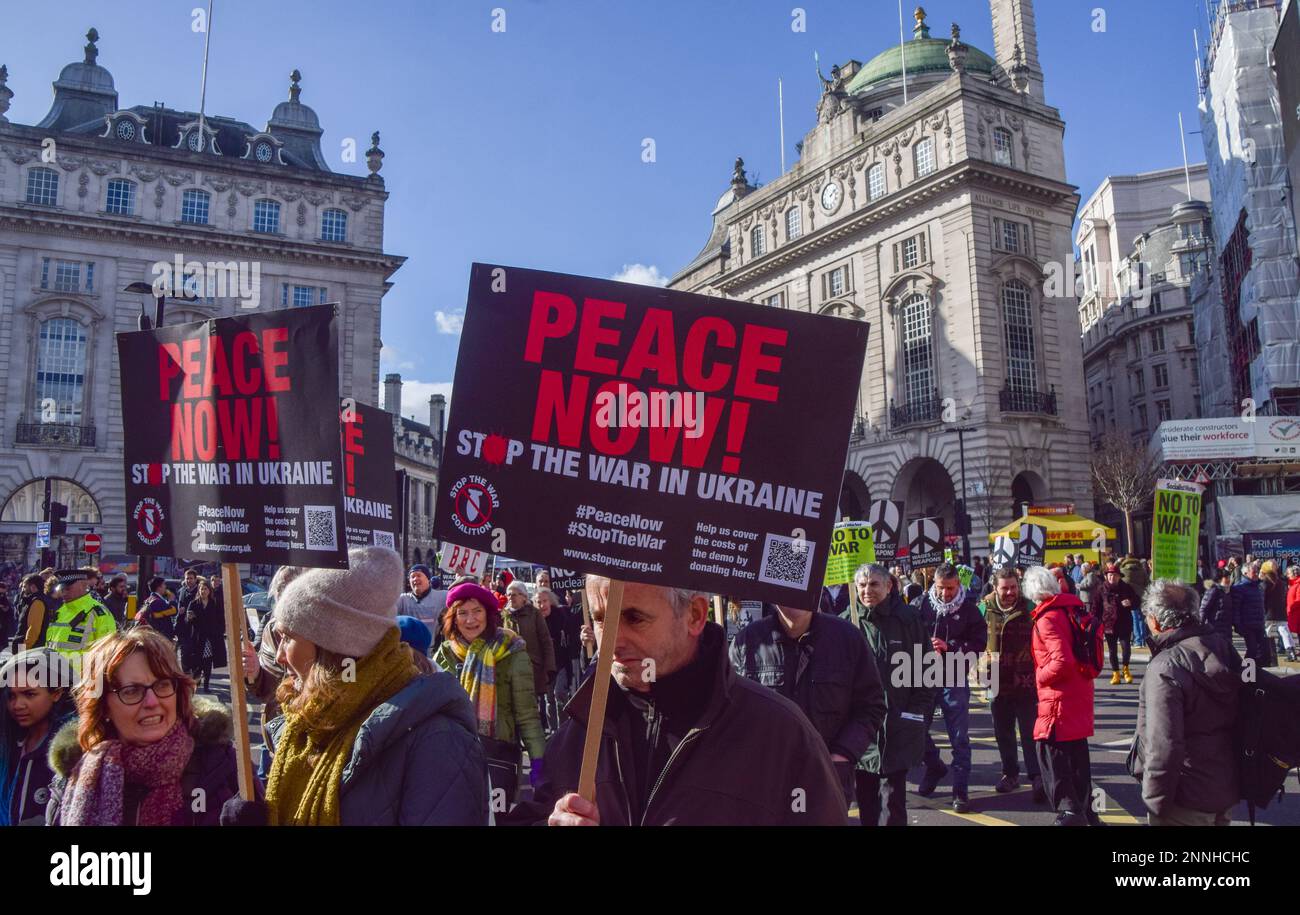 London, England, UK. 25th Feb, 2023. Protesters in Piccadilly Circus ...