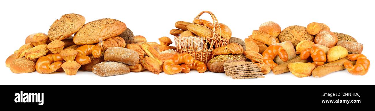 Panoramic photo fresh bread and variety buns isolated on white background. Stock Photo
