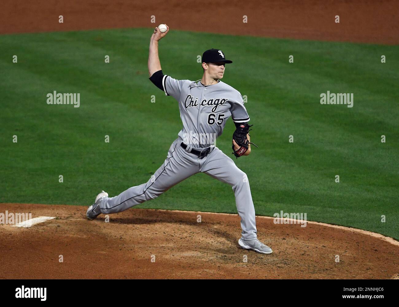 ANAHEIM, CA - APRIL 04: Chicago White Sox pitcher Codi Heuer (65) pitching  in the fifth inning of a game against the Los Angeles Angels played on  April 4, 2021 at Angel