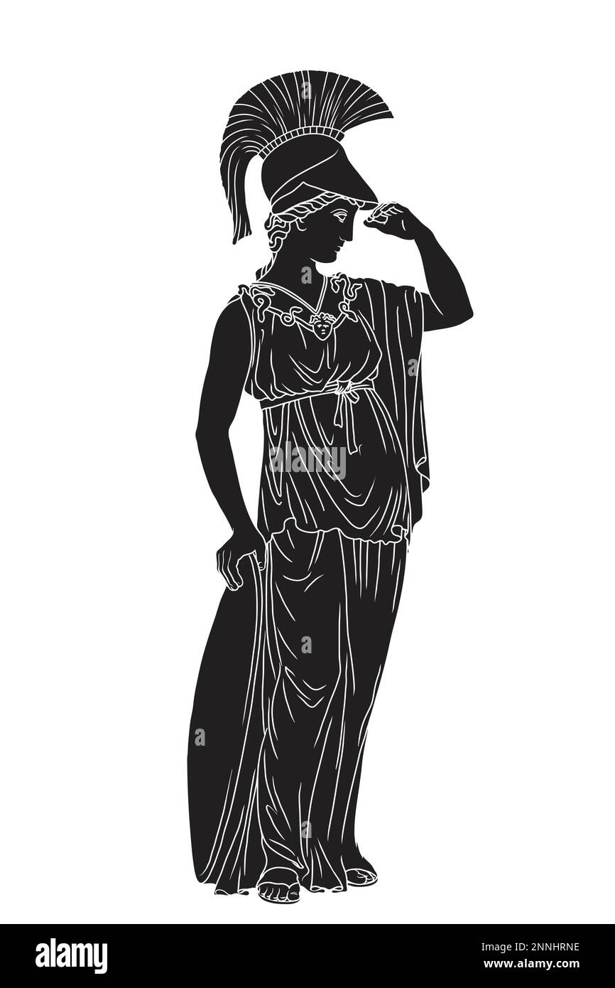 The ancient Greek goddess of wisdom Pallas Athena in a helmet and tunic stands and holds a shield in her hand. Stock Vector