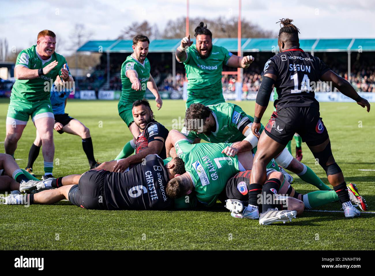 LONDON, UNITED KINGDOM. 25th, Feb 2023. Philip van der Walt Newcastle Falcons (under) Gary Graham Newcastle Falcons (centre) scores a try during Gallagher Premiership Rugby Match between Saracens vs Newcastle Falcons at StoneX Stadium on Saturday, 25 February 2023. LONDON ENGLAND.  Credit: Taka G Wu/Alamy Live News Stock Photo