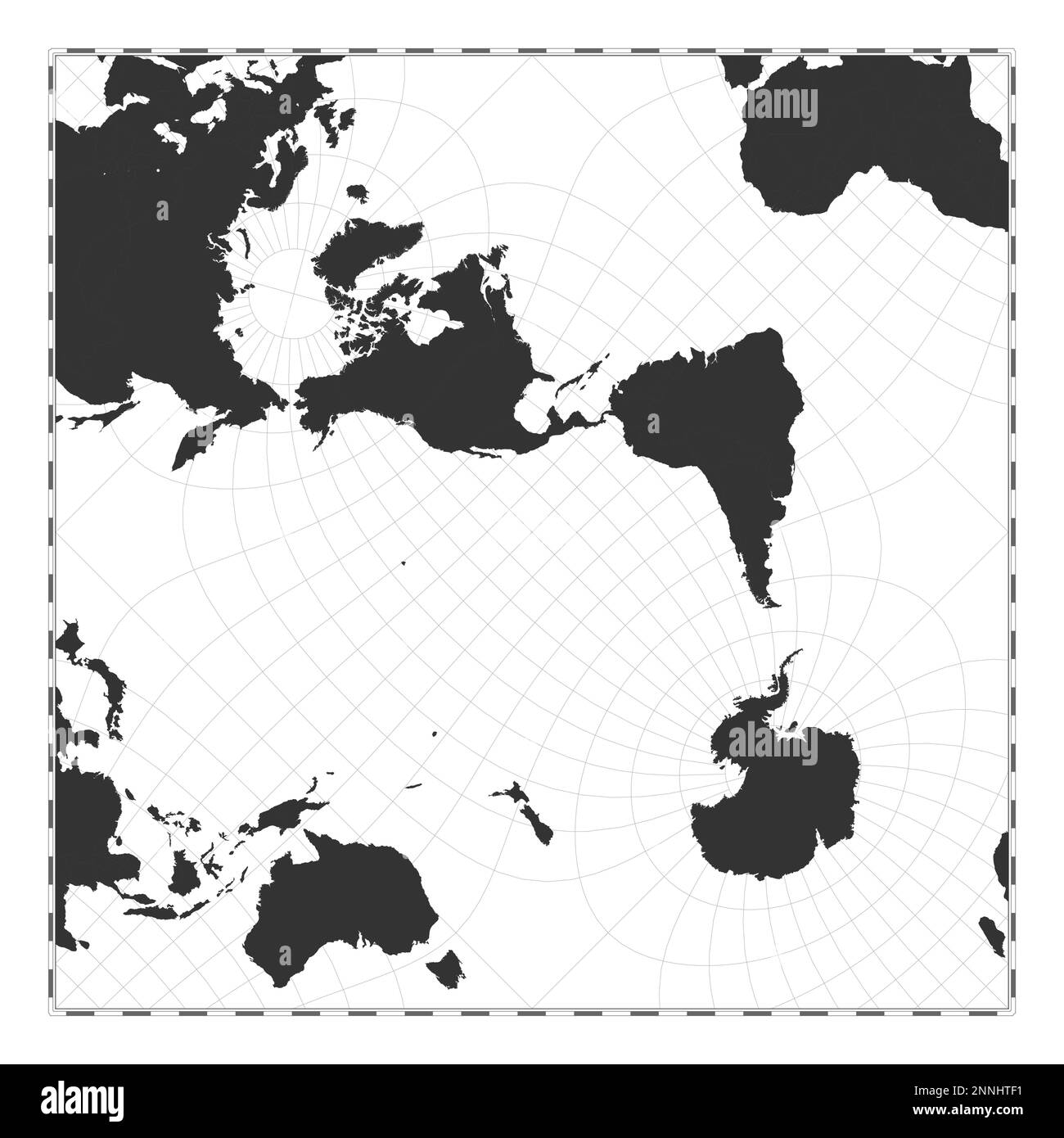 Vector world map. Peirce quincuncial projection. Plain world geographical map with latitude and longitude lines. Centered to 120deg E longitude. Vecto Stock Vector