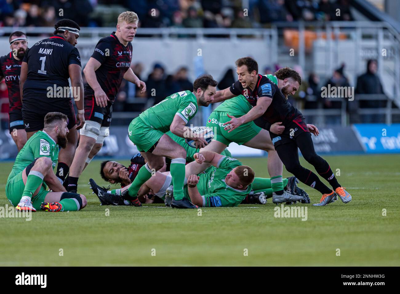 LONDON, UNITED KINGDOM. 25th, Feb 2023. Michael Young Newcastle Falcons (Capt.) (centre) in action during Gallagher Premiership Rugby Match between Saracens vs Newcastle Falcons at StoneX Stadium on Saturday, 25 February 2023. LONDON ENGLAND.  Credit: Taka G Wu/Alamy Live News Stock Photo