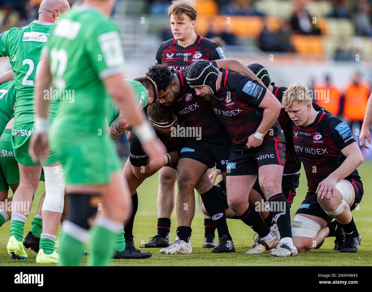 LONDON, UNITED KINGDOM. 25th, Feb 2023. From right: Hugh Tizard of Saracens, Alec Clarey of Saracens and Eroni Mawi of Saracens (centre) during Gallagher Premiership Rugby Match between Saracens vs Newcastle Falcons at StoneX Stadium on Saturday, 25 February 2023. LONDON ENGLAND.  Credit: Taka G Wu/Alamy Live News Stock Photo