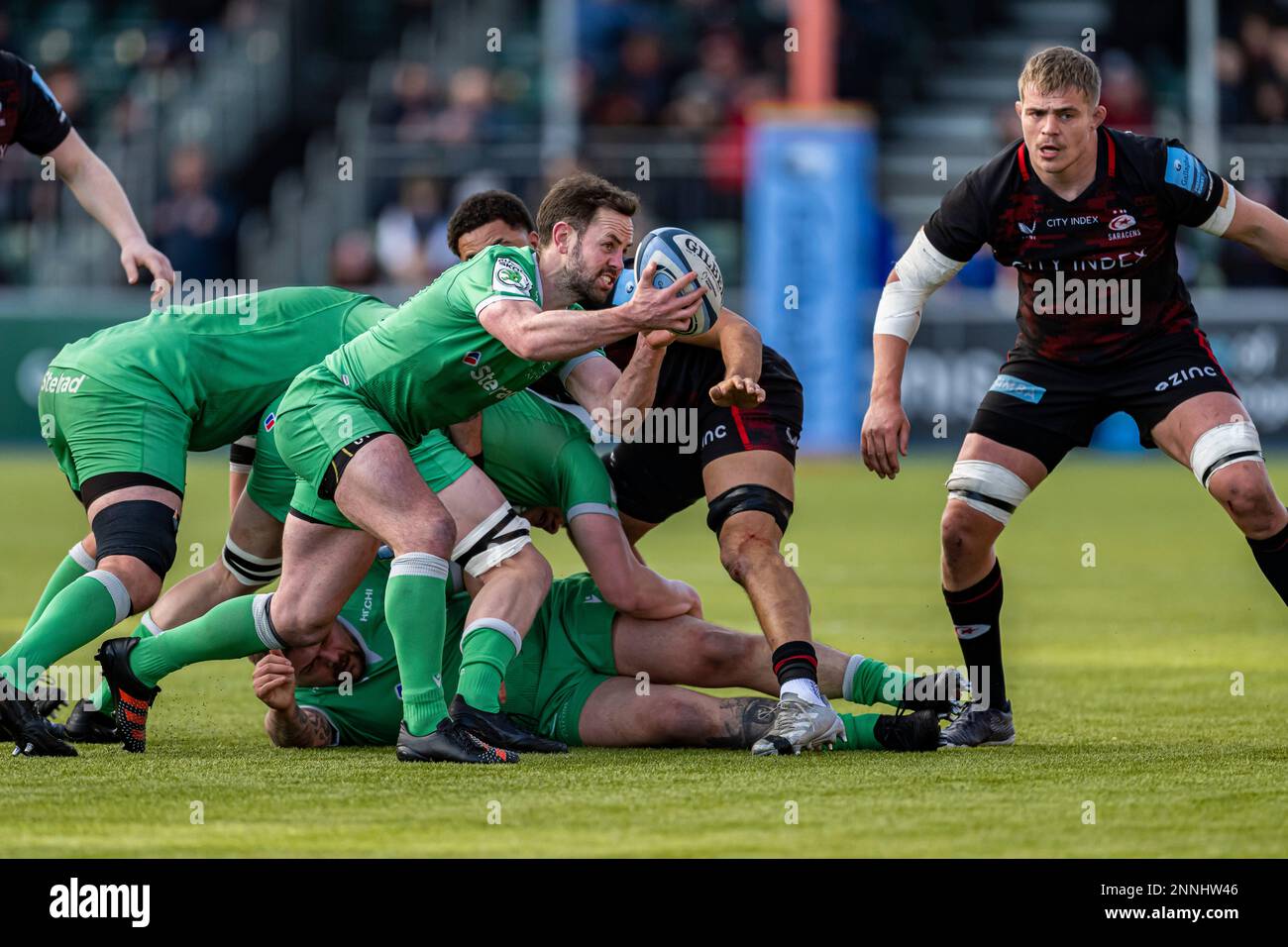 LONDON, UNITED KINGDOM. 25th, Feb 2023. Michael Young Newcastle Falcons (Capt.) (centre) in action during Gallagher Premiership Rugby Match between Saracens vs Newcastle Falcons at StoneX Stadium on Saturday, 25 February 2023. LONDON ENGLAND.  Credit: Taka G Wu/Alamy Live News Stock Photo