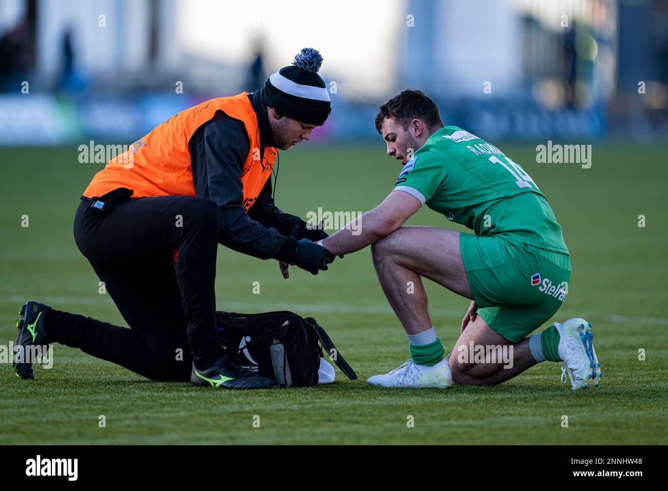 LONDON, UNITED KINGDOM. 25th, Feb 2023. Adam Radwan Newcastle Falcons was treated by medic for his left hand during Gallagher Premiership Rugby Match between Saracens vs Newcastle Falcons at StoneX Stadium on Saturday, 25 February 2023. LONDON ENGLAND.  Credit: Taka G Wu/Alamy Live News Stock Photo