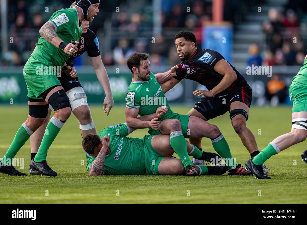 LONDON, UNITED KINGDOM. 25th, Feb 2023. Michael Young Newcastle Falcons (Capt.) (centre) is tackled during Gallagher Premiership Rugby Match between Saracens vs Newcastle Falcons at StoneX Stadium on Saturday, 25 February 2023. LONDON ENGLAND.  Credit: Taka G Wu/Alamy Live News Stock Photo