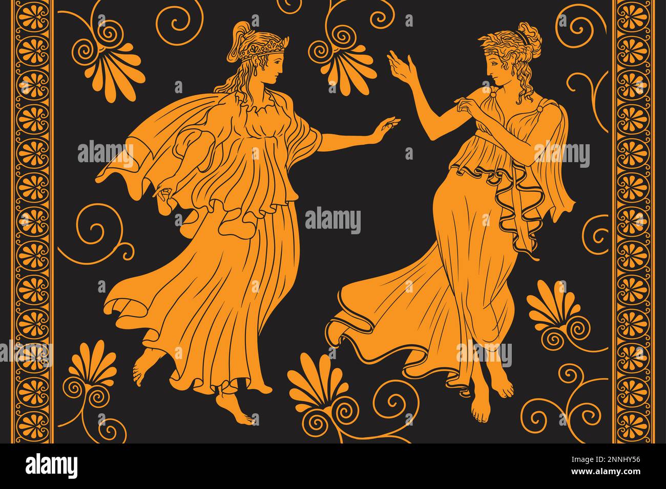 Two ancient Greek girls in tunics are dancing in a flowering garden. Antique painting with meander ornament Stock Vector