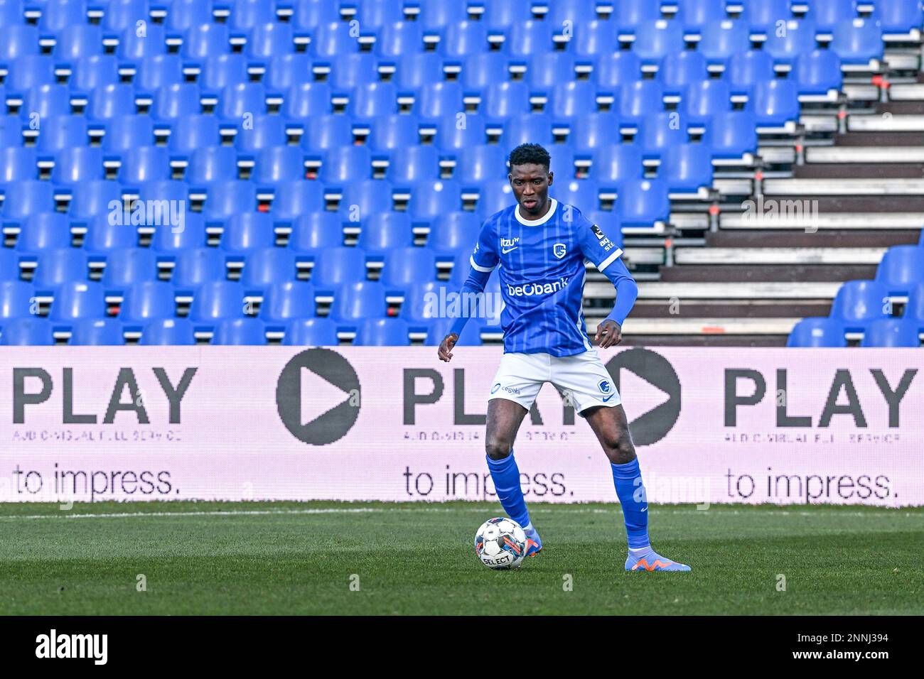 Ibrahima Sory Bangoura (70) of Jong Genk pictured during a soccer game between KMSK Deinze and Jong Genk team during the 1st matchday in the Challenger Pro League play-downs for the 2022-2023 season ,  on  Saturday 25 February 2023  in Deinze , Belgium . PHOTO SPORTPIX | Stijn Audooren Stock Photo