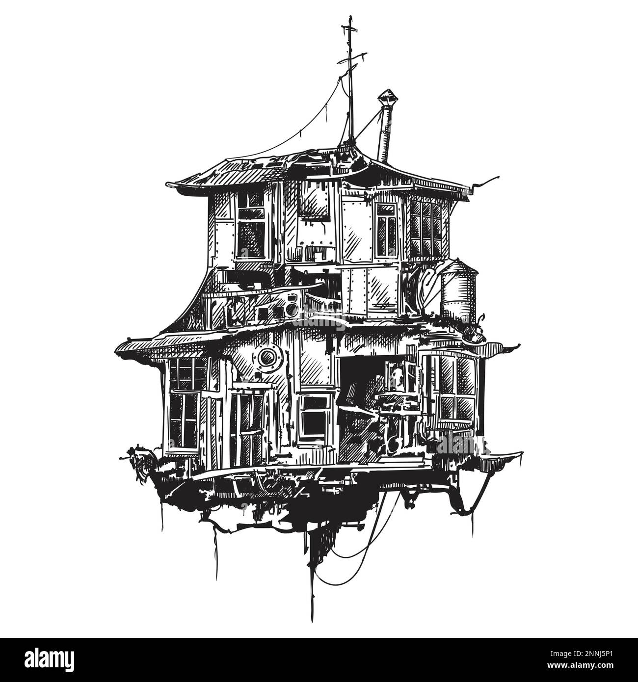 Fantastic flying old house in steampunk style. Vector illustration ...