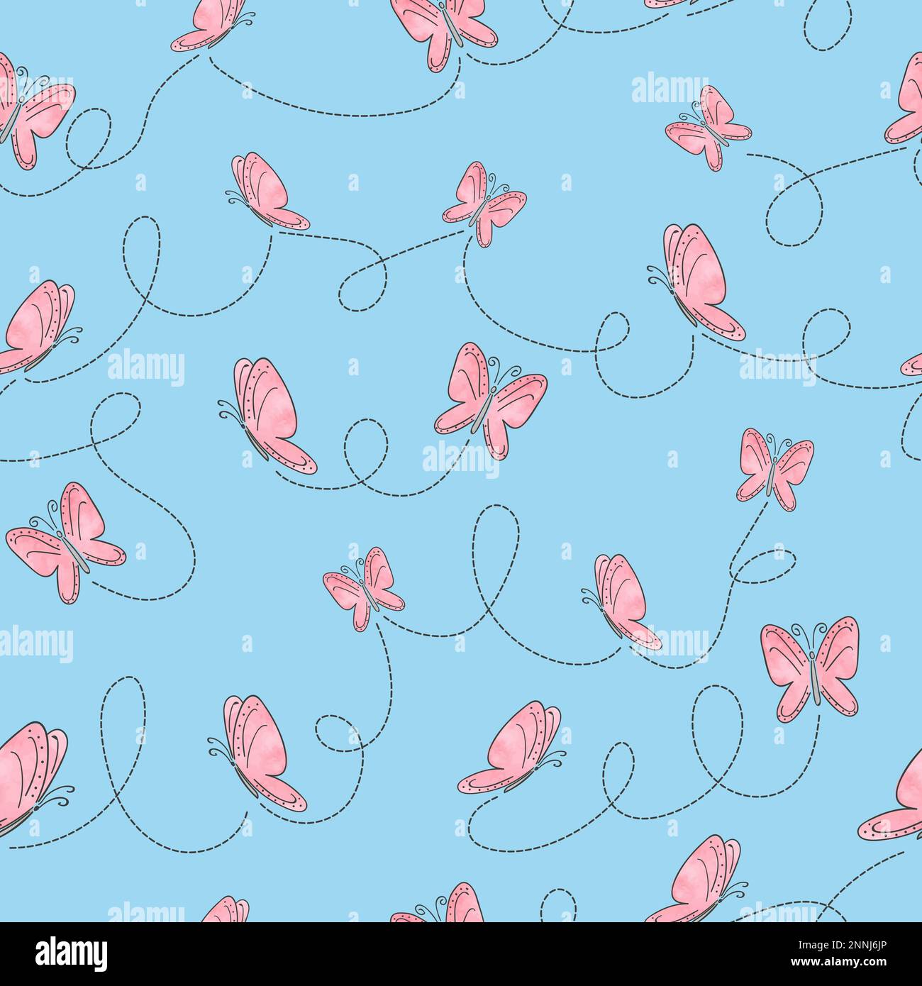 Seamless pattern with pink butterflies on blue. Vector background. Stock Vector