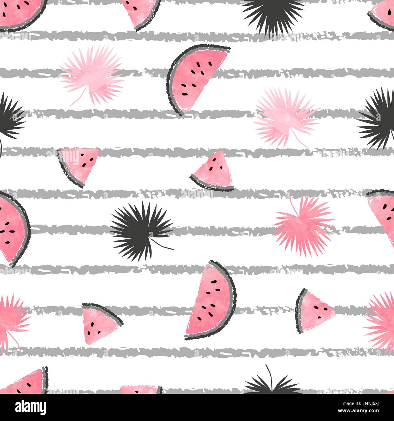 Summer pattern with pink and black watermelon slices and palm leaves ...